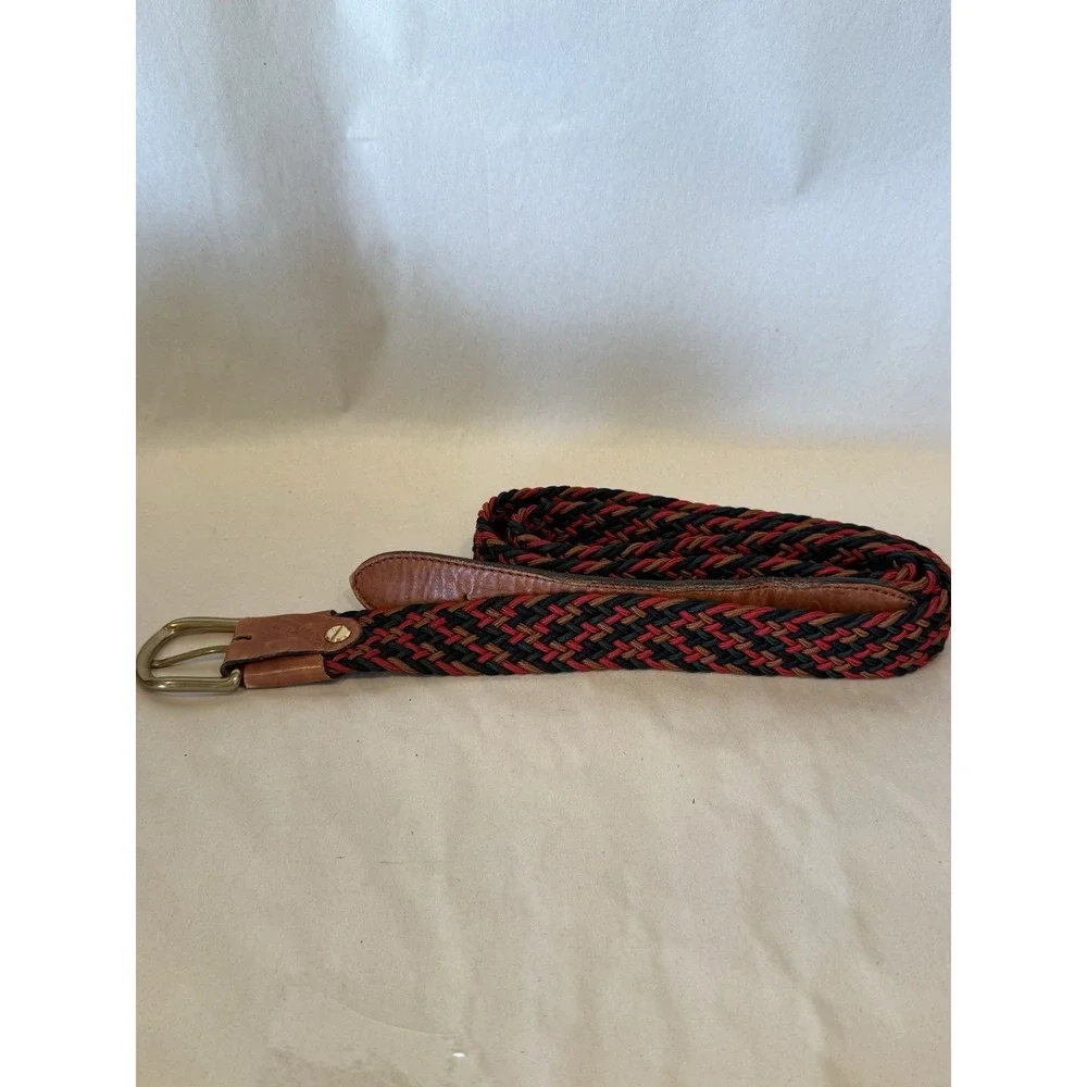 Vintage Authentic Italian Belt Italy Elastic Woven Gold Buckle Brown Leather 44